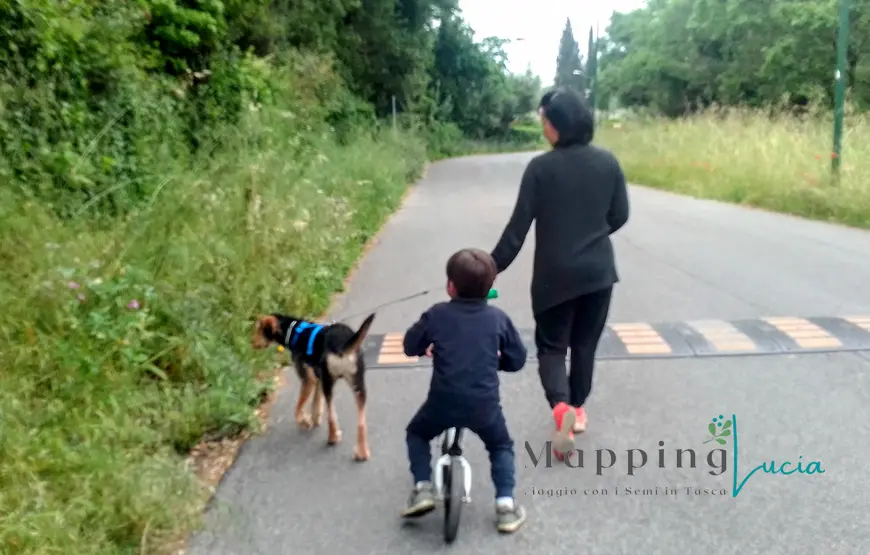 mamma-e-figlio-passeggiano-in-strada-lui-in-bici-lei-con-al-guinzaglio-il-cane-randagio-adottato