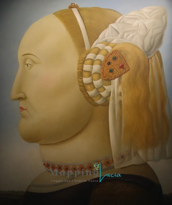 duchessa-di-urbino-rivisitata-da-botero-profilo-di-sinistra-testa-ornata-di-un-elegante-veletta-che-scende-sulle-spalle-e-una-collana