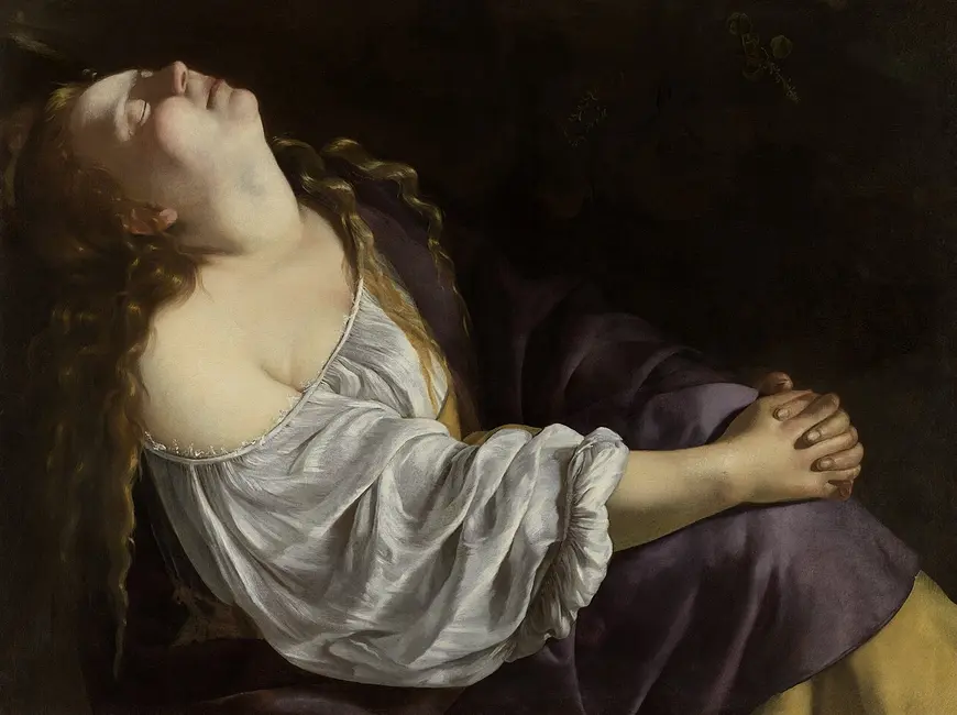 raffigurazione-di-una-maddalena-sensuale-col-viso-reclinato-all-indietro-le-braccia-che-tengono-tra-le-mani-un-ginocchio-opera-di-artemisia-gentileschi