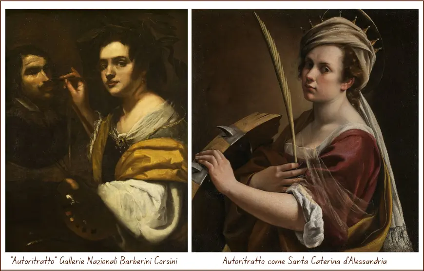 due-autoritratti-di-artemisia-gentileschi-in-uno-è-raffigurata-come-una-pittrice-di-successo-indossa-la-corona-d-alloro-nell-altro-come-santa-caterina-d-alessandria-e-stringe-in-una-mano-la-penna-del-martirio